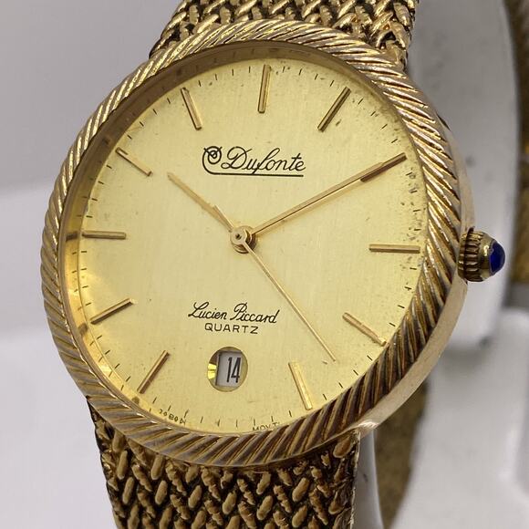 Vintage Dufonte Lucien Piccard Mens Gold Watch Works New Battery Date Watch main image 7